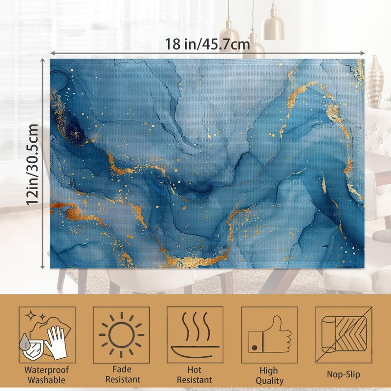 Placemats Set of 6,Blue Gold Marble Table Mats, Abstract Washable