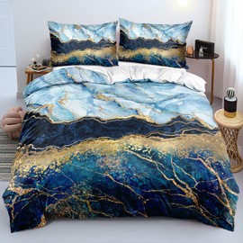 Holiyjog Royal Blue Marble Duvet Cover Set King Size Sequin Gold Bedding Comforter Covers with 2 Pillow Shams Breathable Durable Soft Comfy