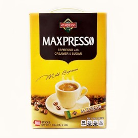 Maxpresso 3 in 1 Korean Instant Coffee Mix - Single Serve Sticks 100 Packets with Creamer and Sugar Premium Hot or Iced Coffee Blend Rich Flavor