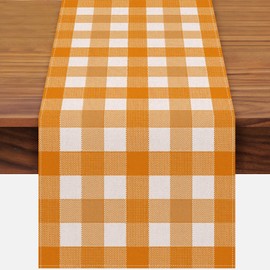 Fall Table Runner 72 x 13 Inch Thanksgiving Decorations,Linen Burlap Orange Buffalo Check Plaid Table Cover for Autumn Thanksgiving Day, Seasonal Farmhouse Table Decor for Kitchen Dining Fireplace