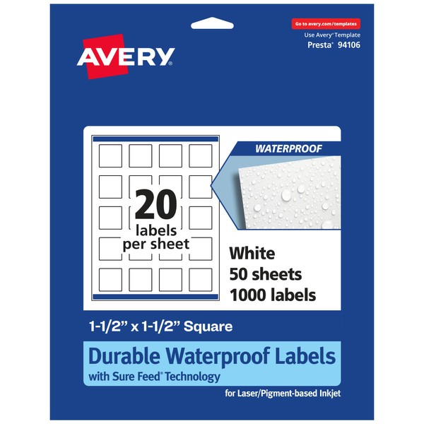 Avery Durable Waterproof Square Labels With Sure Feed, 1.5" x