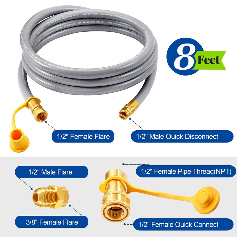 GasSaf 8 FT 1/2" ID Natural Gas Hose with Quick