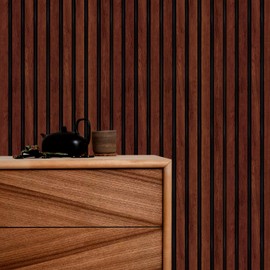 LHIUEM Red Wood Slat Wallpaper 3D Red Wood Peel and Stick Wallpaper(17.7X118in) Faux Panel Wallpaper Adhesive Paper Wall with Lines Textured Natural Contact Paper Wood Strips for Living Room Bedroom