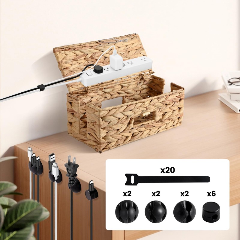 2 Pack Cable Management Box with Lid, Handwoven Water Hyacinth