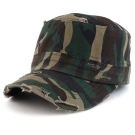 Armycrew Military Cadet Style Flat Top Distressed Vintage Cap, Camo, One Size