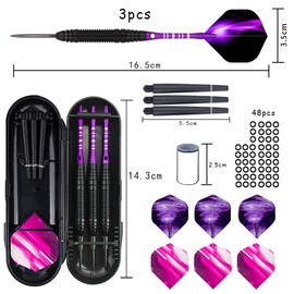 Jiahuade Darts with Metal Tip, 3 Pieces 22 g Professional Steel Darts, Steel Darts Set 3 Aluminium Shaft with 9 Flights, 50 Anti-Loose Rubber Rings and 1 Dart Tool Sharpener (Purple)