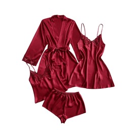Milumia Women's 4 Piece Pajama Sets Sexy Satin Lace Cami Shorts and Dress Set with Robes Sleepwear Loungewear Burgundy Small