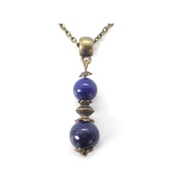 Damenkette mit blauen Lapislazuli Perlen und antikem Bronze Tibet Perlen Anhänger