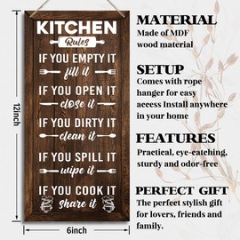 Farmhouse Kitchen Rules Sign, Rustic Wooden Plaque, 12x6inch (J10)