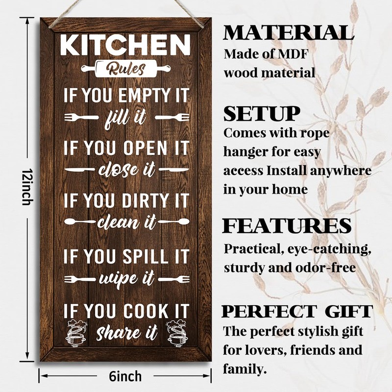 Farmhouse Kitchen Rules Sign, Rustic Wooden Plaque, 12x6inch (J10)