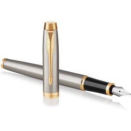Parker IM Premium Fountain Pen | Brushed Metal with Gold Trims | Fine Nib | Black Ink | Gift Boxed