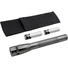 MagLite Mini LED Pro Flashlight - Ultra Bright 332 Lumens, Adjustable Beam, Water-Resistant IPX4, Shock Resistant, 2 Power Modes, Includes 2 AA Premium Alkaline Batteries - (Holster Pack, Gray)