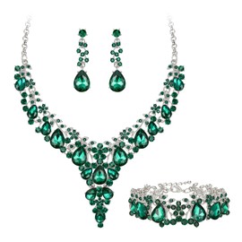 EVER FAITH Statement Jewellery Set for Women Crystal Flower Round Teardrop Bridal Necklace Dangle Earrings and Bracelet Set Dark Green Silver Tone