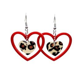 arete colgantes de corazón rojo con diseño de leopardo y corazón de tres amor, para mujer, joyería para el día de San Valentín, Acrílico, No es una piedra preciosa