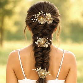 PRETTYLIFE Bridal Gold Hair Clips Crystal Pearl Gold Metal Flower Leaf Hair Pieces Accessories for Wedding (Pack of 3)