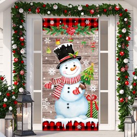 Tiamon Snowman Wood Grain Christmas Door Cover, 6 x 3 Feet, Polyester, Indoor and Outdoor, Unisex, for Party, Winter Occasion Decor Supplies