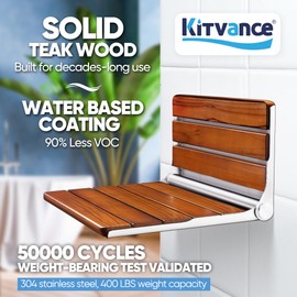 19" Folding Teak Shower Seat Wall Mounted- Shower Bench for Inside Shower, ADA Compliant Teak Shower Seat Wooden Wall Mounted Bench Bathroom Stool, Folding Bathtub Shower Seat for Kids Adults Elderly