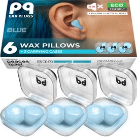 PQ Wax Ear Plugs for Sleep - 6 Silicone Wax Earplugs for Sleeping and Swimming - Gel Ear Plugs for Noise Cancelling, Wax Plugs Protect Ears While Sleeping with Sound Blocking 32 Db (6-Pillows), Blue