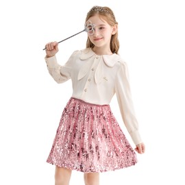 Rolanko Girls Sequin Skirt Elastic Waist Sparkly Glitter Pleated Skorts with Lining for Kids Dance Princess Birthday Party, Pink, Size: 10-11 Years/150