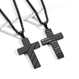 DuoDiner Silver Cross Necklace Pendant for Men Boys Stainless Steel American Flag Chain Always Remember You are Braver Stronger Smarter Than You Think Independence Day Gift