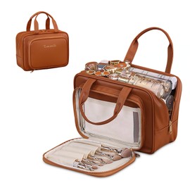 Femikvnd Waterproof PU Cosmetic Makeup Bag for Women - Elouva Travel Toiletry Bag with Soft Handles, Durable Double Zipper Closure, Stylish Portable Storage for Home & Trips (BROWN)