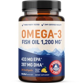 Triple Strength Omega 3 Fish Oil 1200 mg | EPA & DHA | Wild Caught, Sustainably Sourced Omega-3 Fatty Acids | Premium Burpless Fish Oil Supplements | Non-GMO, Third-Party Tested | 30 Softgels