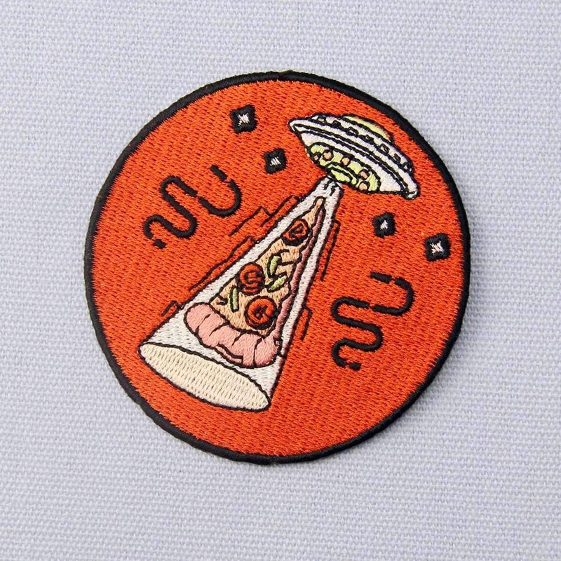 Iron-on or Sew on UFO and Pizza Embroidered Badge Patch