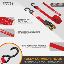 KODIAK STRAPS Ratchet Straps Heavy Duty Tie Down Strap Set 2200 Break Strength – 1" x 17' 4pk with Soft Loops Cargo Truck Bed Tie Downs – Coated Deep S-Hook & Carry Bag for Securing Cargo Red