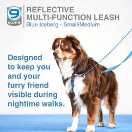 Blue-9 Reflective Multi-Function Dog Leash, Double Attachment Adjustable Lead for Obedience Training and Running, 6 Feet, Small/Medium, Blue