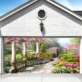 DORCEV 7x16ft Spring Beautiful Garden Garage Door Decorations Vintage Garden Architecture Pillars Blooming Flowers Garage Door Cover Yard Outdoor Wedding Party Portraits Photo Booth Props Wallpaper