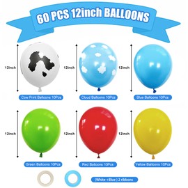Cow Print Sky Blue Cloud Balloons Set, 12Inch 60pcs Cow Pattern Cloud Yellow Red Blue Green Balloons For Boys Girls Party Farm Themed Party Birthday Baby Shower Party Decorations