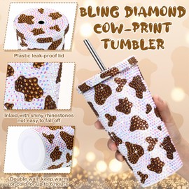 Yaomiao Thank You Gift 17 oz Bling Rhinestone Cow Print Tumbler Glitter Cow Water Bottle with Lid and Straw Cup Stainless Steel Vacuum Insulated Cup with Brush for Staff Coworker Employee Gifts(Brown)