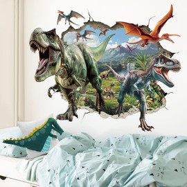SHUCHING Large 3D Dinosaur Wall Decals Peel and Stick, Vinyl Crack Hole Dino Wall Sticker, Tropical Animal Wall Decor Art for Boys Nursery Baby Playroom Kids Bedroom