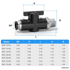 TAILONZ PNEUMATIC 1/4 Inch Tube OD x 1/4 Inch NPT Thread Ball Valve Air Flow Control Valve Push to Connect Fitting BVC-1/4-N2（Pack of 1）