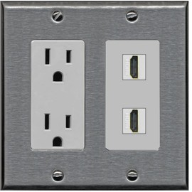 RiteAV - 15 Amp Power Outlet 2 Port HDMI Decorative Type Wall Plate - Stainless Steel & Gray