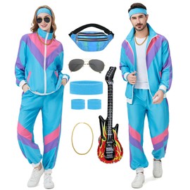 KUKIKUKI KUKIKUKI 80S Trainingsanzug Kostüm für Männer Frauen Retro 90er Jahre Kostüm Outfit Disco Trainingsanzüge Hip Hop Sportanzug Set (Blau, 3XL)