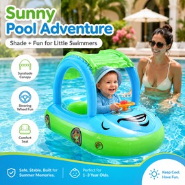 Car-Shaped Toddler Pool Float for Kids – Inflatable Swim Boat with Canopy, Seat & Steering Wheel