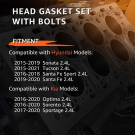 Head Gasket Set with Bolts fit for 2015-2020 Hyundai Kia Sonata Tucson Optima Sportage Sorento Santa Fe Sport 2.4L L4 DOHC 22311-2GGB0 22441-2GGA0 ES72465