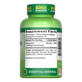 Nature's Truth Suplemento de Magnesio - 400 Mg por cápsula - 72 Cápsulas Blandas para 2 meses