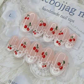 Princess Cherry Handmade Nail Tips - Stiletto L / 프린세스 체리 수제네일팁 - 스틸레토L