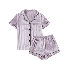 LYANER Women's Striped Silky Satin Pajamas Short Sleeve Top with Shorts Sleepwear PJ Set Light Purple Small