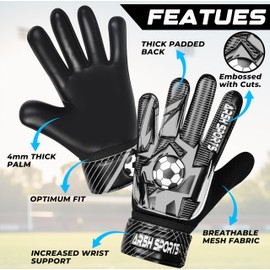 Arsh Sports Soccer Goalie Gloves for Kids,Goalkeeper Gloves for Youth Boys Girls 4MM Latex Palm,Anti Slip,Super Gip Double Wrist Protection (Black-Silver, Size 4 Suitable for 6 to 9 Years Old)