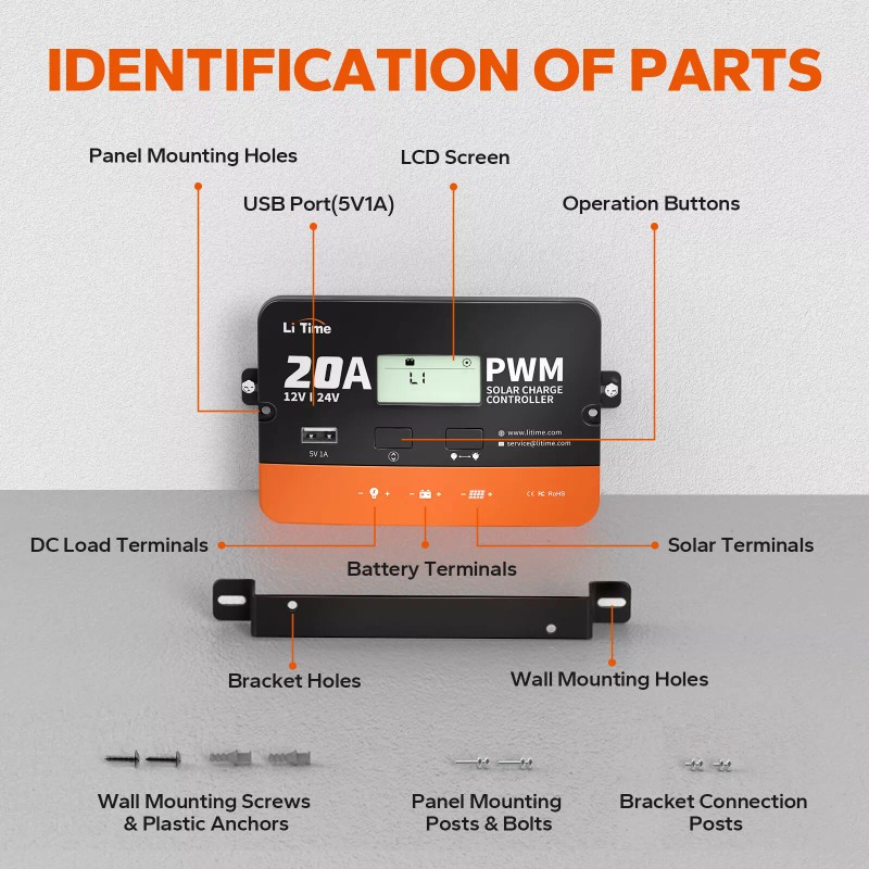 Litime 12/24V 20A PWM Solar Panel Battery Charge Controller LCD