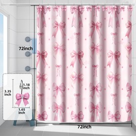 UMACWIN Pink Bow Shower Curtain with Hooks Decorative, Aesthetic Cute Shower Curtains and Hooks Set for Bathroom Decor (Pink Bow, 72X72 Inch)