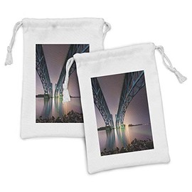 Lunarable USA Fabric Pouch Set of 2, South Grand Island Bridge Spanning Niagara River Upstate New York Riverside, Small Drawstring Bag for Toiletries Masks and Favors, 9" x 6", Dried Rose Slate Blue