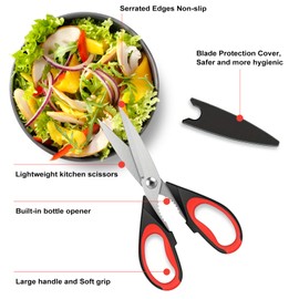 2 Pack Kitchen Scissors, Stainless Steel Heavy Duty Scissor with Serrated Nutcracker, Blade Covers, Multipurpose Cooking Scissors for Meat, Fish, Seafood, Vegetables, Chicken, Pizza, Dishwasher Safe