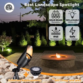 Gardenreet Black Landscape Spotlights Low Voltage, Brass Outdoor Uplight 12V, LED Wired Spot Lights, IP65 Waterproof for Exterior Garden Tree Yard House, with 5W 2700K Warm White MR16 Bulb