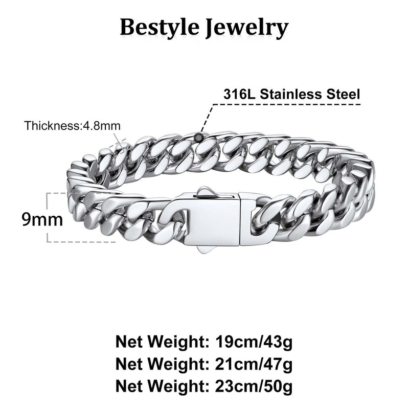 Bestyle 9mm Sturdy Stainless Steel Cuban Bracelet Thick Cuban Link