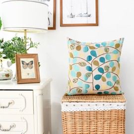 CaliTime Cushion Cover Throw Pillow Case Shell for Couch Sofa Home Decoration Luxury Chenille Cute Leaves Both Sides 18 X 18 Inches Ecru Teal