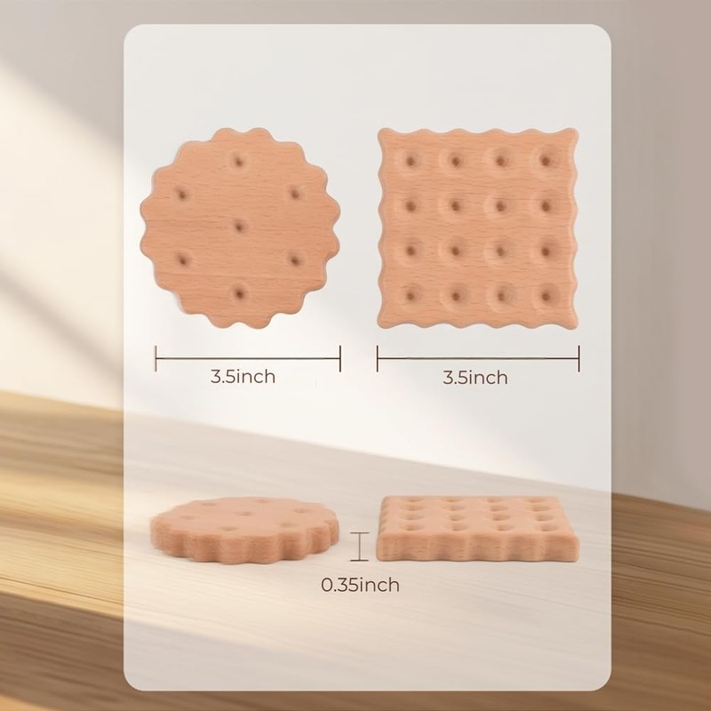 Wooden Biscuit-Shaped Coasters, Round and Square Cookie Style, Beechwood, 3.5